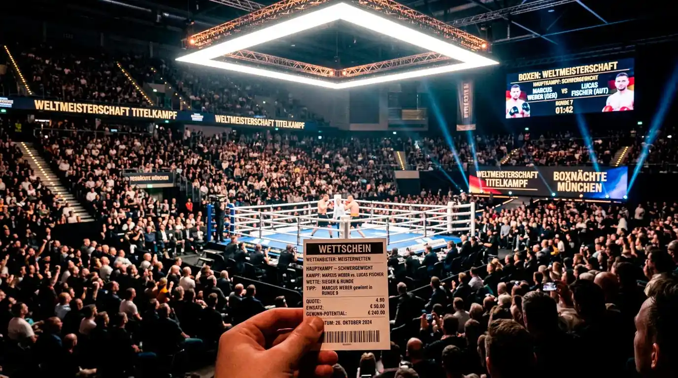Großkampf-Nacht beim Boxen: vollbesetztes Stadion mit Ringbeleuchtung und Wettschein für WM-Titelkampf im Vordergrund