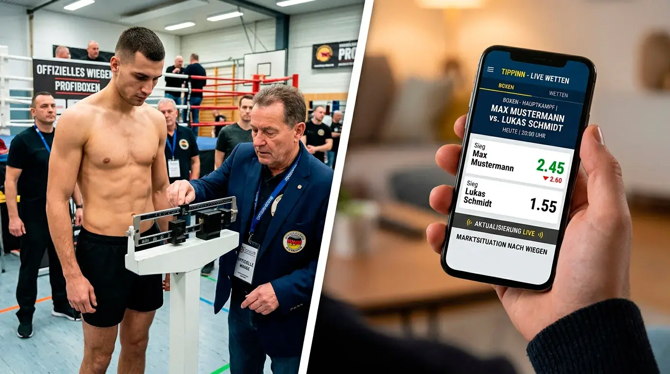 Weigh-in vor einem Boxkampf: Boxer auf der Waage, daneben Smartphone mit Echtzeit-Quotenänderung im Sportwetten-Portal