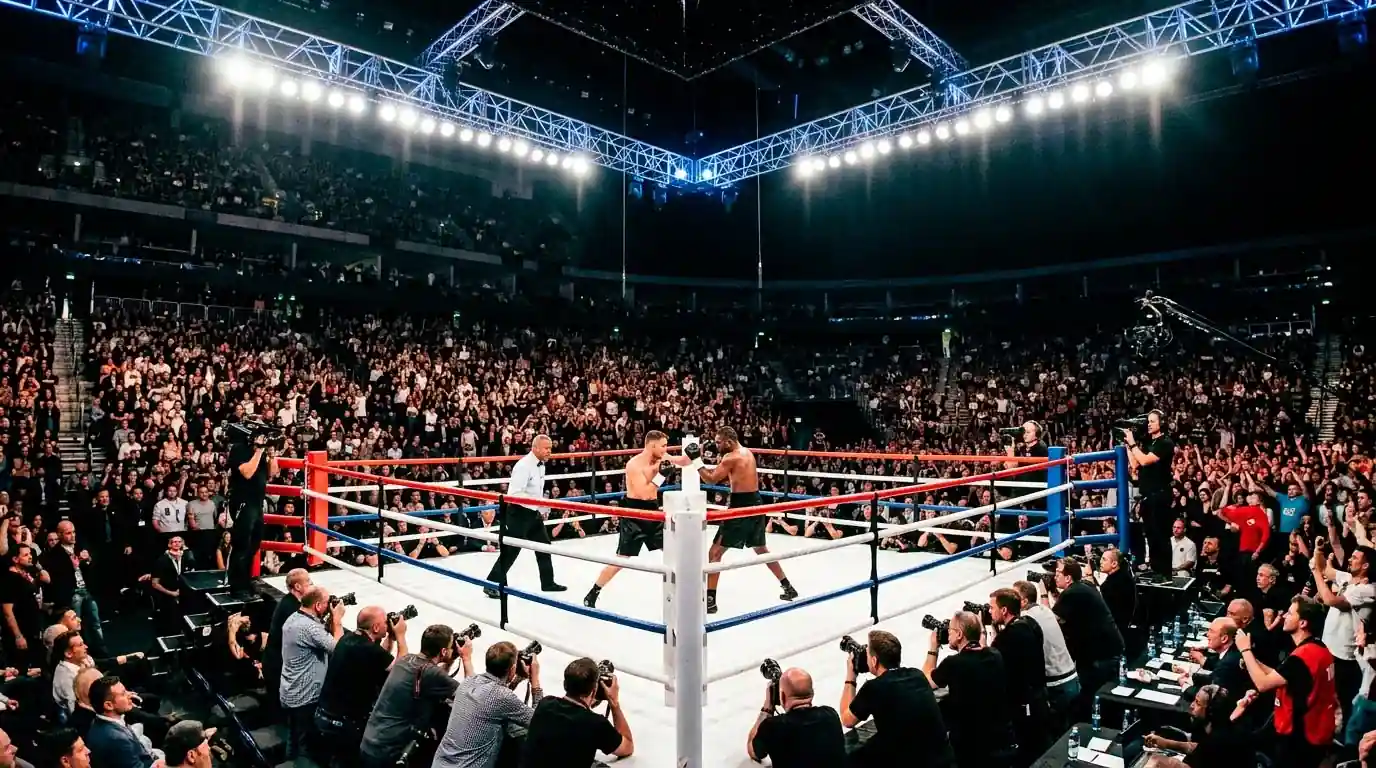 WM-Boxkampf-Atmosphäre bei einem großen Titelkampf: Lichter, Ringrichter und Erwartung im Stadion