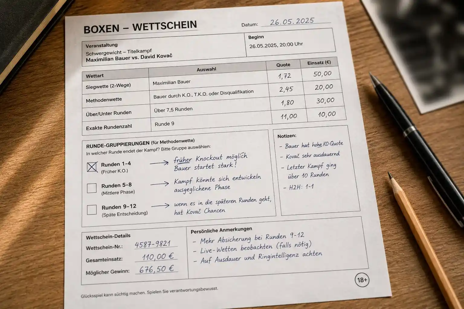 Beispiel eines Wettscheins für Rundenwetten beim Boxen mit verschiedenen Marktoptionen