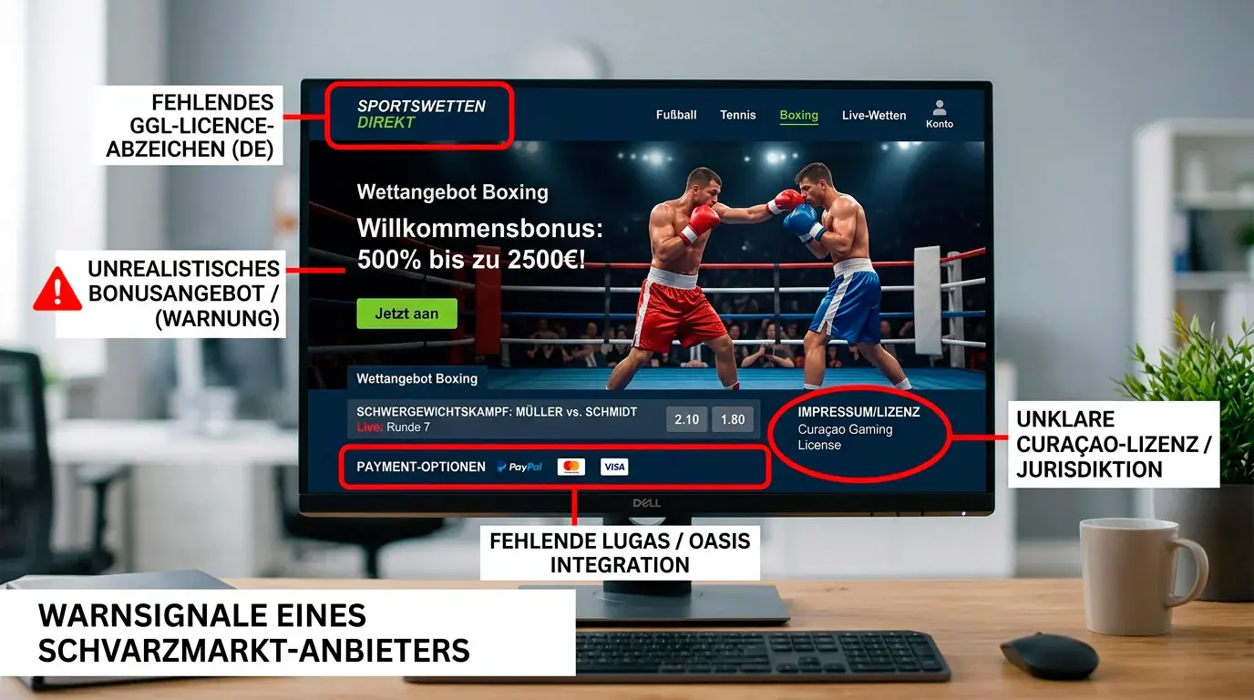 Warnsignale eines Schwarzmarkt-Sportwetten-Anbieters: keine GGL-Lizenz, kein LUGAS, keine OASIS