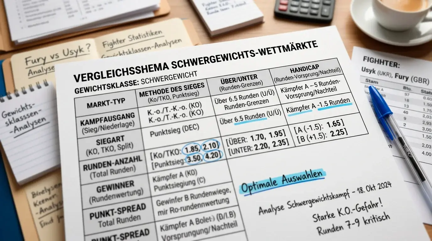 Vergleich der Wettarten für Schwergewichtskämpfe – Method of Victory, Über/Unter und Handicap