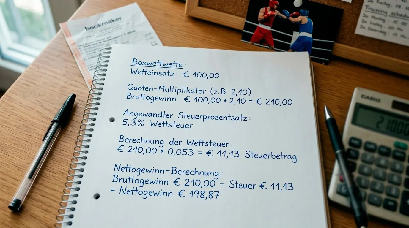 Berechnung der Sportwettensteuer auf Boxwetten-Einsatz - 5,3 Prozent Steuer und effektive Nettoquote