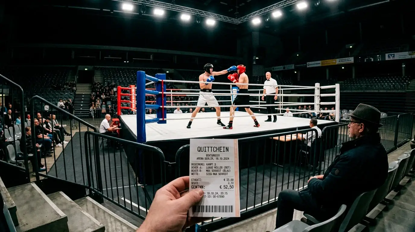 Undercard Boxwetten: Zwei unbekannte Boxer im Ring vor kleinem Publikum, Wetter mit Wettschein im Vordergrund