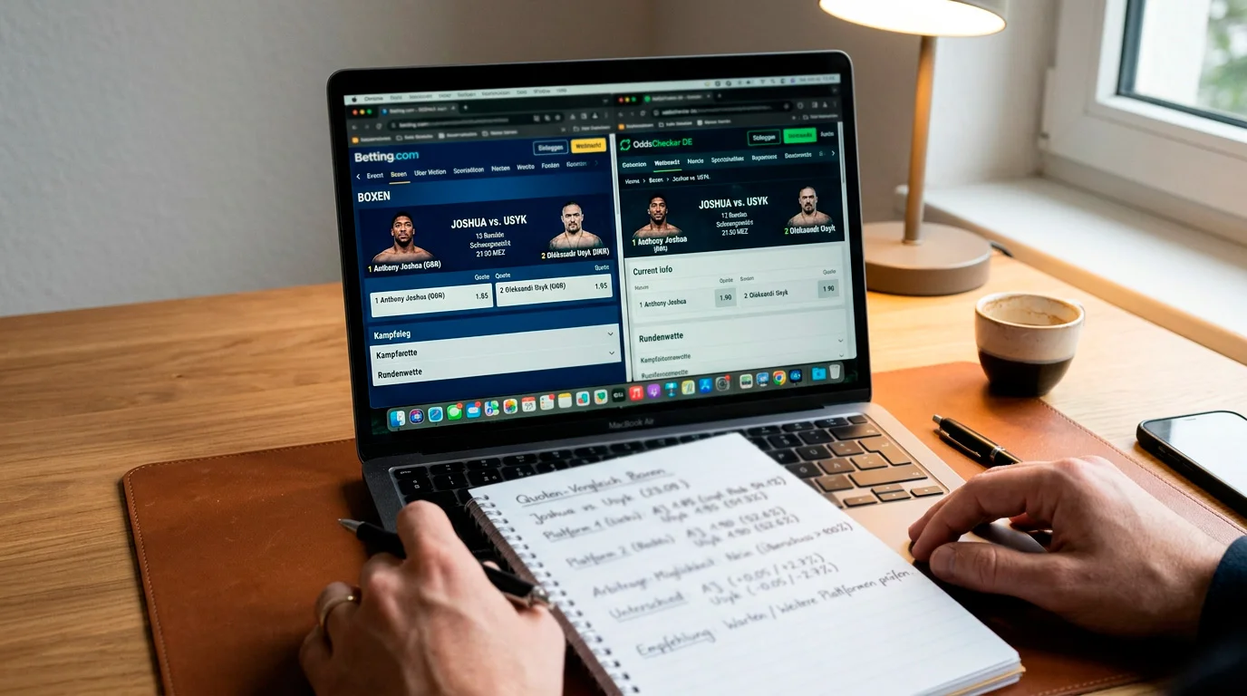 Value Betting beim Boxen: Wetter analysiert Wettquoten zweier Anbieter für denselben Boxkampf am Laptop