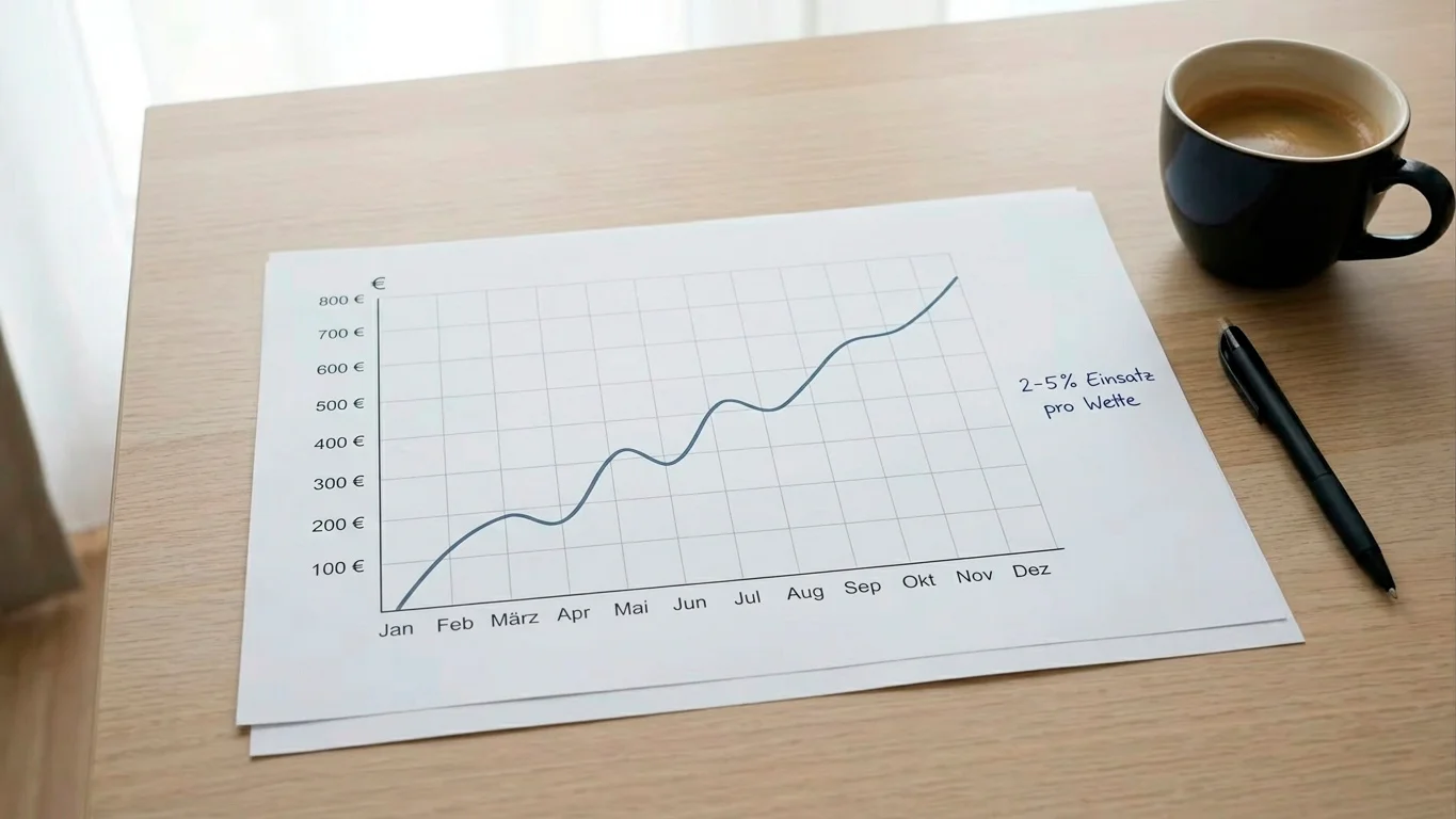 Grafische Darstellung einer langfristigen Value-Betting-Strategie beim Boxen mit Bankroll-Kurve und Wettdisziplin