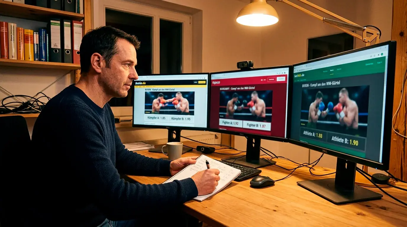 Quotenvergleich mehrerer Sportwetten-Anbieter für denselben Boxkampf auf drei Bildschirmen nebeneinander