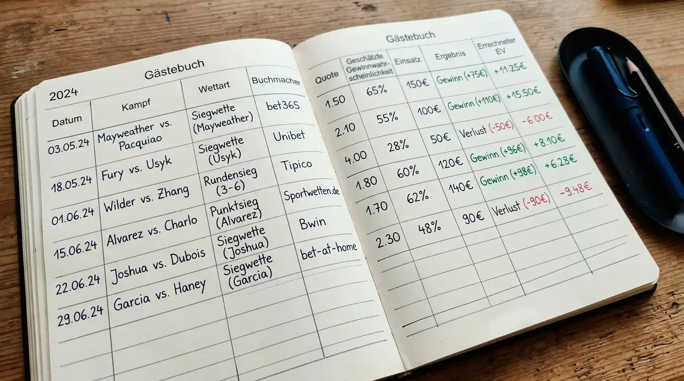 Wett-Tagebuch eines Boxwetters mit handschriftlichen Einträgen zu Quoten, Einsätzen und Ergebnissen